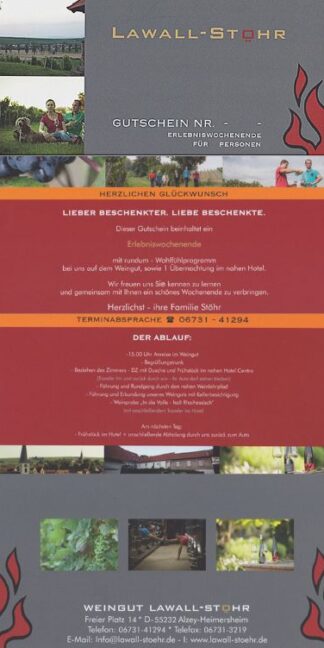 <br>Gutschein für LAWALL-STÖHR. ERLEBEN. 1+1.  incl. Transfer - Hotel hin und zurück - ( UBERNACHTUNG IM HOTEL PERSÖNLICH BUCHEN, IST IM GUTSCHEIN NICHT ENTHALTEN )    pro Pers.<br>